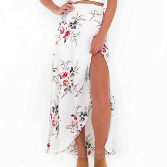 Dresses & Skirts - Boho floral wrap tie up white maxi skirt